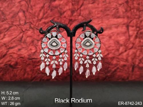 Fancy Stylish Clustered Pearl Cz / AD Full white Stones Beautiful Black Rodium Party wear Long Earring — ER-8742-243