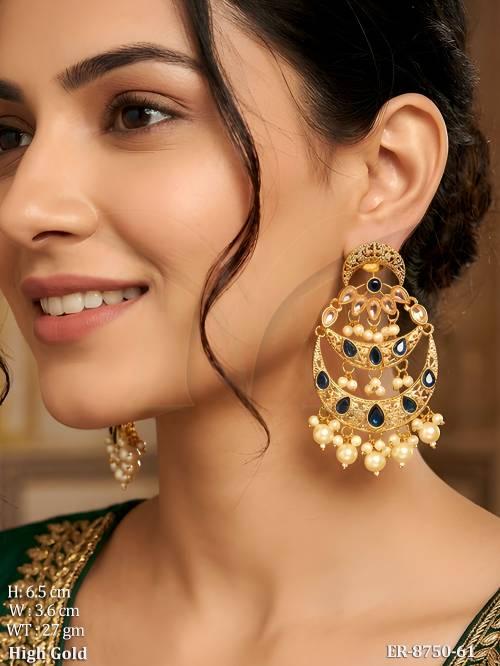 Beautiful Fancy Style Designer High gold Polish Party wear Clustered Pearl Tassel Chand Bali Shape Earring
