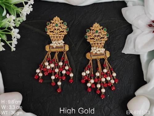 designer fancy style high gold polish full stones clustered pearl tassels antiques design  long fashion party wear earring