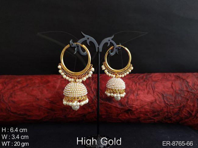 Beautiful High Gold Polish Full Clustered Pearl Fancy Style Round Big Ring Party wear Jhumka Earring