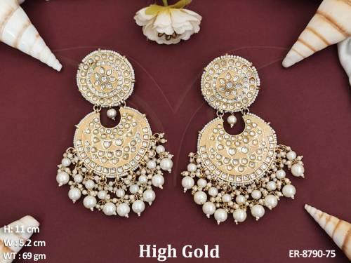 beautiful high gold polish fancy style antique full white stones clustered pearl party wear long earring