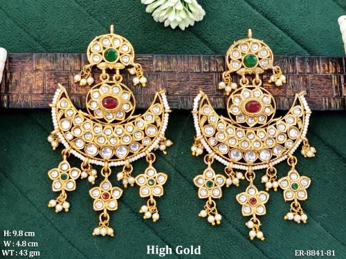 Beautiful Antique Designer full white stones High Gold Polish clustered Pearl Tassels Fancy Party wear Long Earring — ER-8841-81
