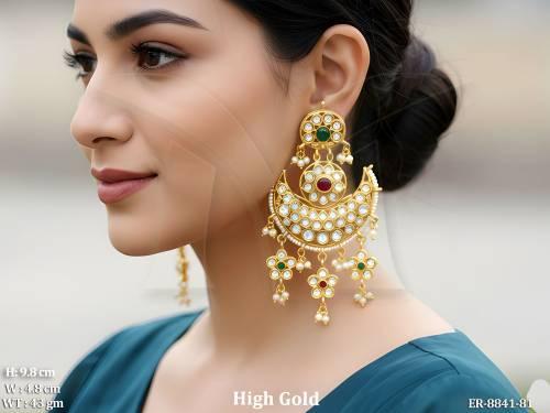 Beautiful Antique Designer full white stones High Gold Polish clustered Pearl Tassels Fancy Party wear Long Earring — ER-8841-81