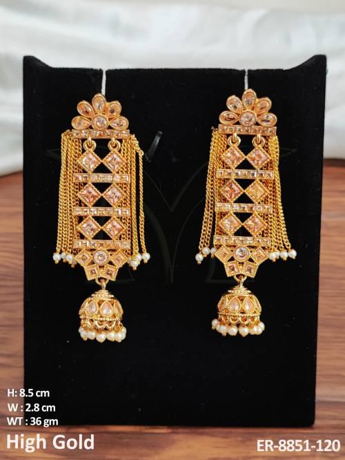 beautiful antique high gold polish fancy style clustered pearl designer full white stones long earring