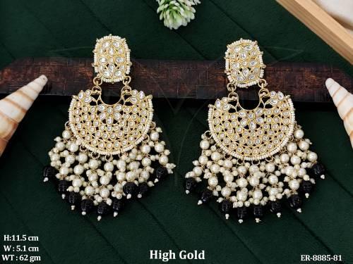 Beautiful Chand Bali Full Kundan white stones Clustered Pearl Tassels Party wear Fancy Long Earring — ER-8885-81