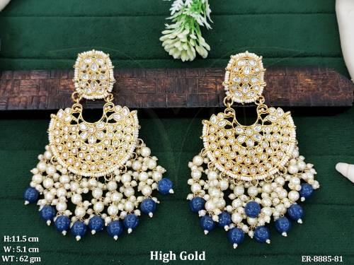 Beautiful Chand Bali Full Kundan white stones Clustered Pearl Tassels Party wear Fancy Long Earring — ER-8885-81