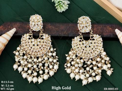 Beautiful Chand Bali Full Kundan white stones Clustered Pearl Tassels Party wear Fancy Long Earring — ER-8885-81