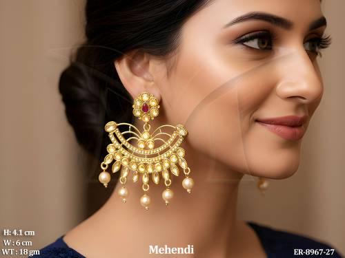 mehendi polish designer fancy style party wear beautiful antique full white stones clustered pearl long earring