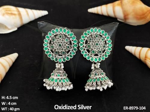 Beautiful Designer Oxidized Silver Polish Fancy Style Party wear Clustered Pearl  full stones Jhumka Earring