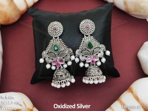 Beautiful Oxidized Silver Polish Designer Antique Clustered Pearl Fancy Style Party wear Long Jhumka Earring