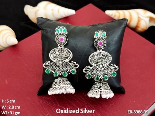 designer fancy style clustered pearl beautiful oxidized silver party wear long fashion earring