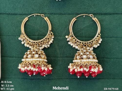 Beautiful Clustered Pearl Tassels Mehendi Polish Fancy Style Party wear Jhumka Earring