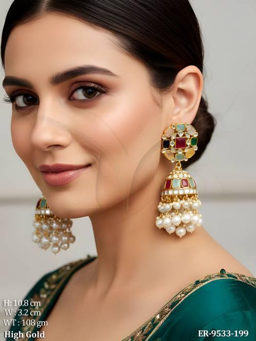 High Gold Polish Fancy Style Antique Stones Party wear Beautiful Jhumka Earring