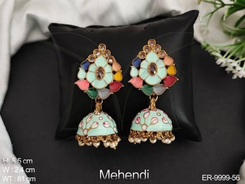 Beautiful Party wear Mehendi Polish Meenakari Design Jhumka Earring