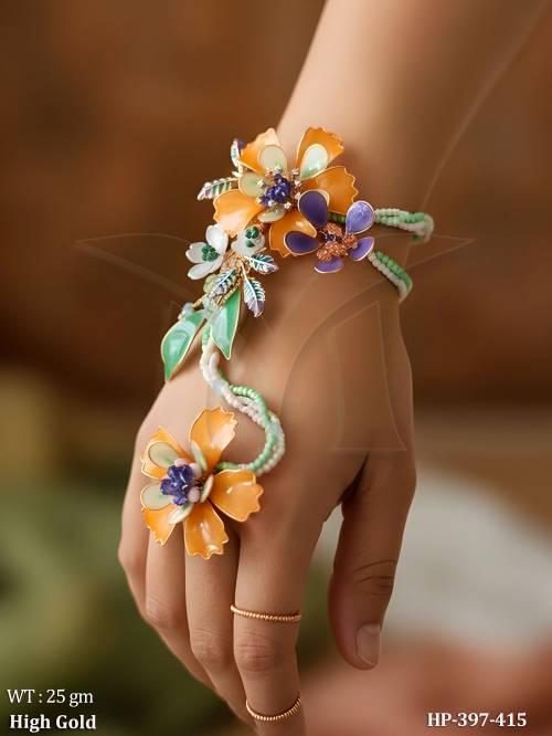 High Gold Flower Hand Accessory for Wedding Celebration Wear