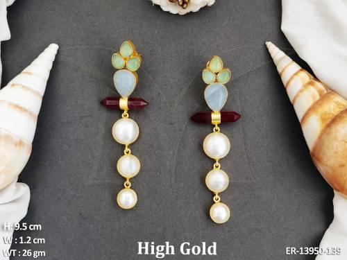 Clustered Pearl High Gold Polish Beautiful Fusion Jewellery Fusion Style Long Dangler Earring  