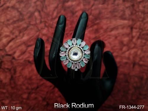 Black Rodium Polish Fusion Designer Western Beautiful Kundan Finger Ring 