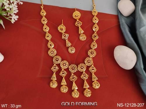 Gold Forming Polish Desinger Fancy Style Party wear Plain Gold Long Necklace Set   