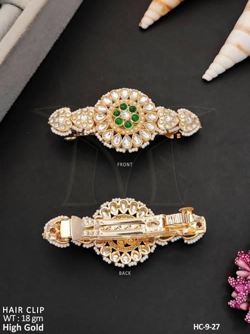 High Gold Kundan Hair Clip with Green Stone Center 