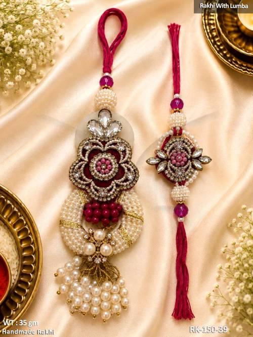 Luxury Pearl Floral Rakhi with Lumba Set for Bhai Bhabhi