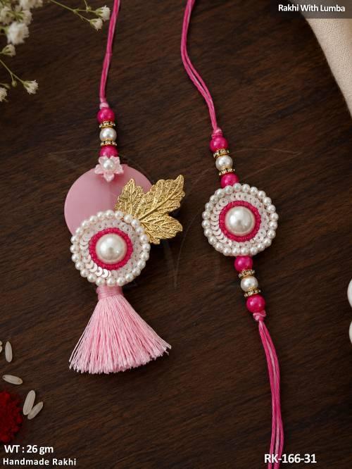 Handmade Pink Pearl Rakhi with Lumba Set for Bhai Bhabhi