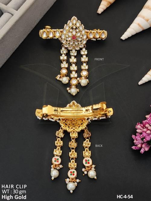 High Gold Kundan Hair Clip with Hanging Pearls  