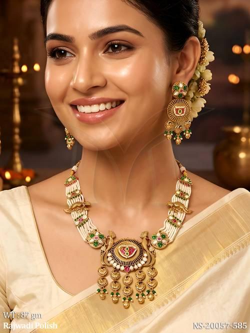 Antique Rajwadi Polish Necklace Set with Green Pink Stones for Wedding Festive Collection