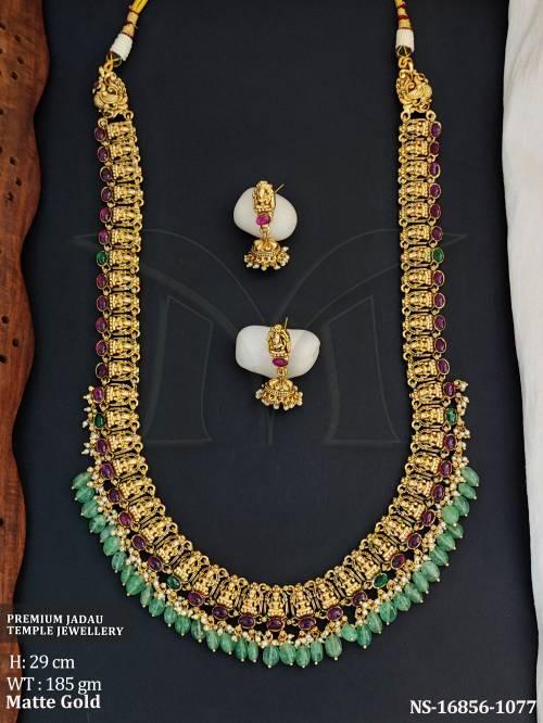Beautiful Temple Matte Gold Polish Full Stone Party Wear Necklace Set   
