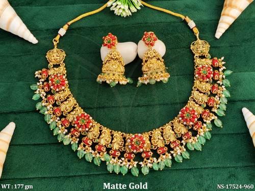 Beautiful Matte Gold Jadau Tempel Fancy Necklace Set 