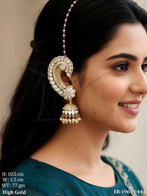Kashmiri Style Kundan Jhumka Earrings with Pearl Chain