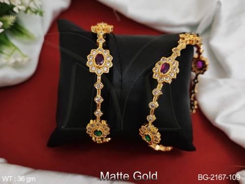 Beautiful Full Stone Kemp Jewellery Matte Gold Polish Fancy Style 2 Bangles Set 