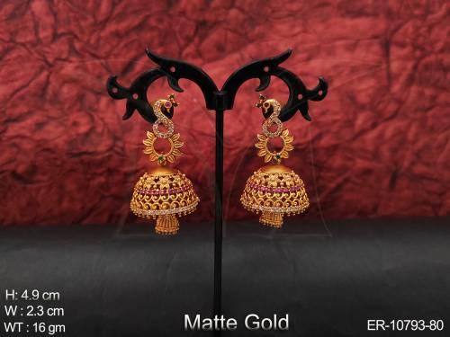 Matte Gold Polish Designer Party wear Fancy Style Kemp Jewellery Beautiful Kemp Jhumka Earring