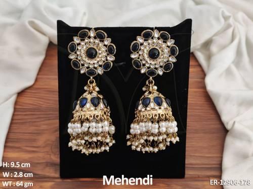 Mehendi Polish Fancy Style Party war Beautiful Kemp Design Long Jhumka Earring 