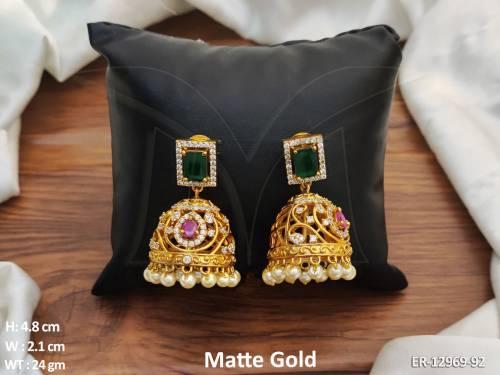 Kemp Jewellery Full Stone Matte Gold Polish Fancy Kemp Jhumka Design Earrings Set