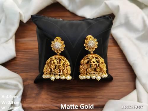 Plain Gold Flower Design Matte Gold Polish Kemp Jhumka Earrings Set
