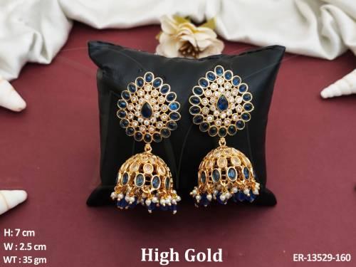 High Gold Polish Fancy Design Party wear Clustered Kemp Jewellery Kemp Jhumka Earring                 