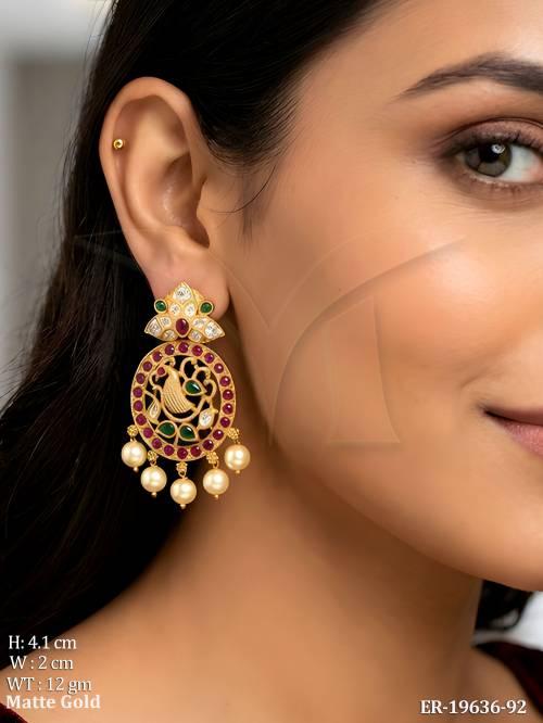Designer Matte Gold Peacock Earrings with Full  Stones