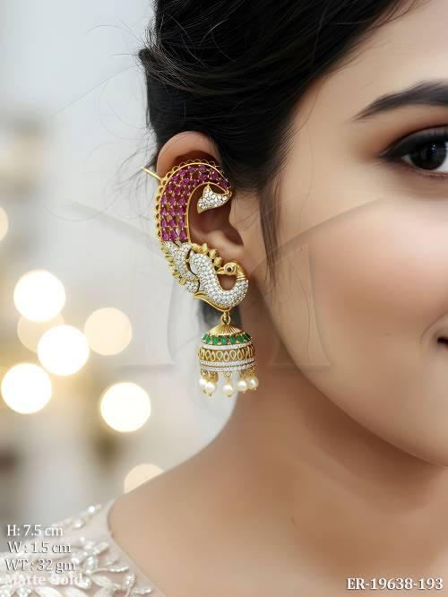 Matte Gold Kemp Peacock Jhumka Earrings with Pearl Drops