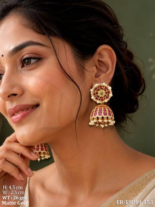 Temple Style Matte Gold Kemp Jhumka Earrings