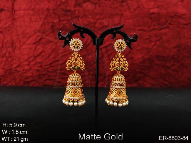 Kemp Jewelry Beautiful Designer Matte Gold Polish Peacock Design clustered Pearl Jhumka Style Party wear Long Earring