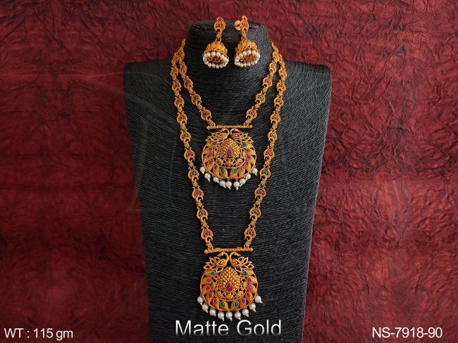 Beautiful Matte Gold Polish Kemp Jewelry Clustered Pearl full Stones Designer Party wear Fancy Long Necklace Set