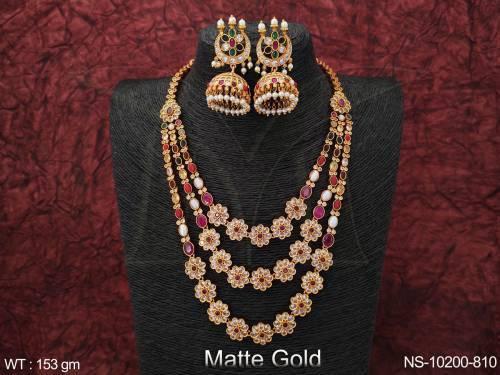 Matte Gold Polish Flower Design Beautiful Kemp Long Necklace Set