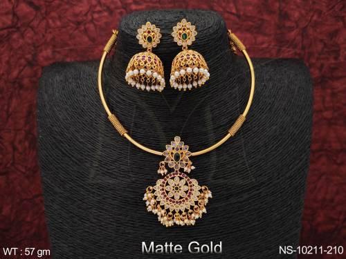 Matte Gold Polish Designer Fancy Style Party wear Kemp Necklace Set