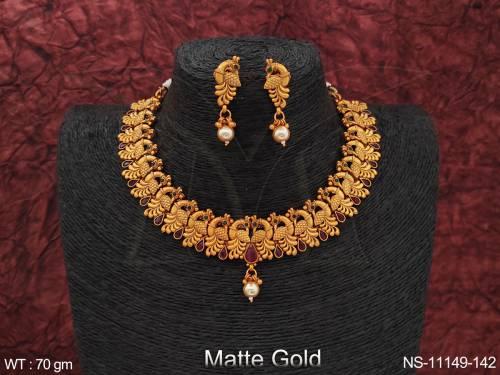 Peacock Design Fancy Design Party wear Matte Gold Polish Kemp Jewellery Short Necklace Set