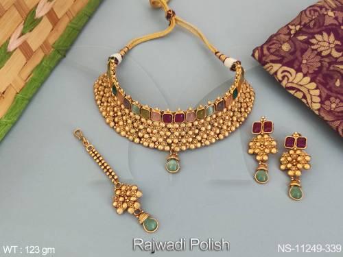 Kemp Jewelry Rajwadi Polish Fancy Beautiful Design Wedding Wear Kemp Choker Necklace Set 