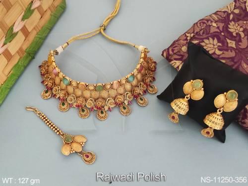 Kemp Jewelry Rajwadi Polish Beautiful Design Wedding Wear Heavy Kemp Choker Necklace Set 