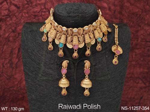 Rajwadi Polish Kemp Jewelry Fancy Design Wedding Wear Beautiful look Kemp Choker Necklace Set 