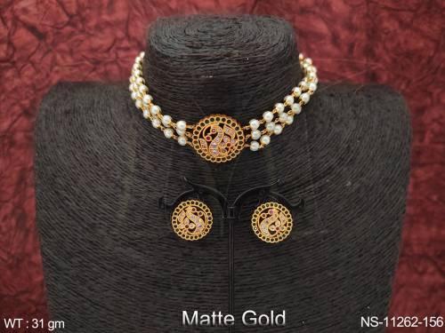 Matte Gold Polish Fancy Style Party wear Beautiful Clustered Pearl Kemp Jewellery Choker Necklace Set   