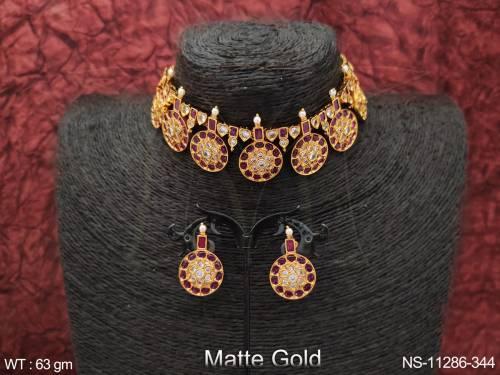 Designer Matte Gold Polish Fancy Design Party wear Kemp Jewellery Choker Necklace Set