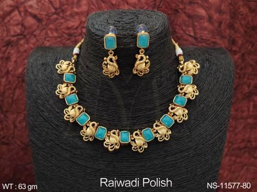Kemp Jewelry Rajwadi Polish Fancy Beautiful Party Wear Peacock Design Kemp Necklace Set 